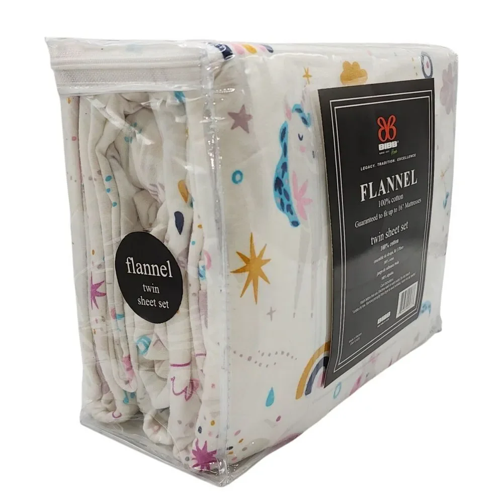 BIBB Home‎ Twin Size Cotton Flannel Sheet Set 3pc Multicolor Unicorns Pattern